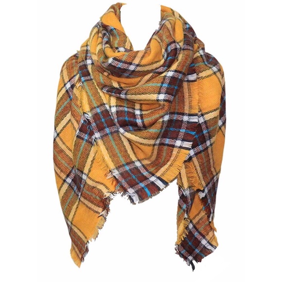 Large Tartan Plaid Blanket Scarf Yellow Brown - Picture 3 of 7